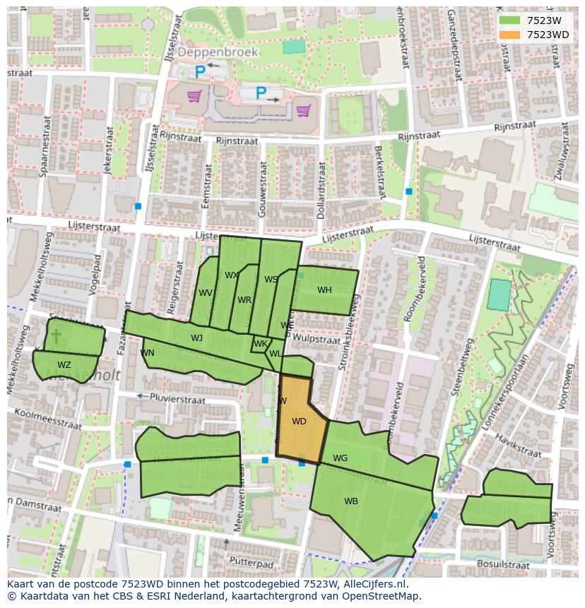 Afbeelding van het postcodegebied 7523 WD op de kaart.