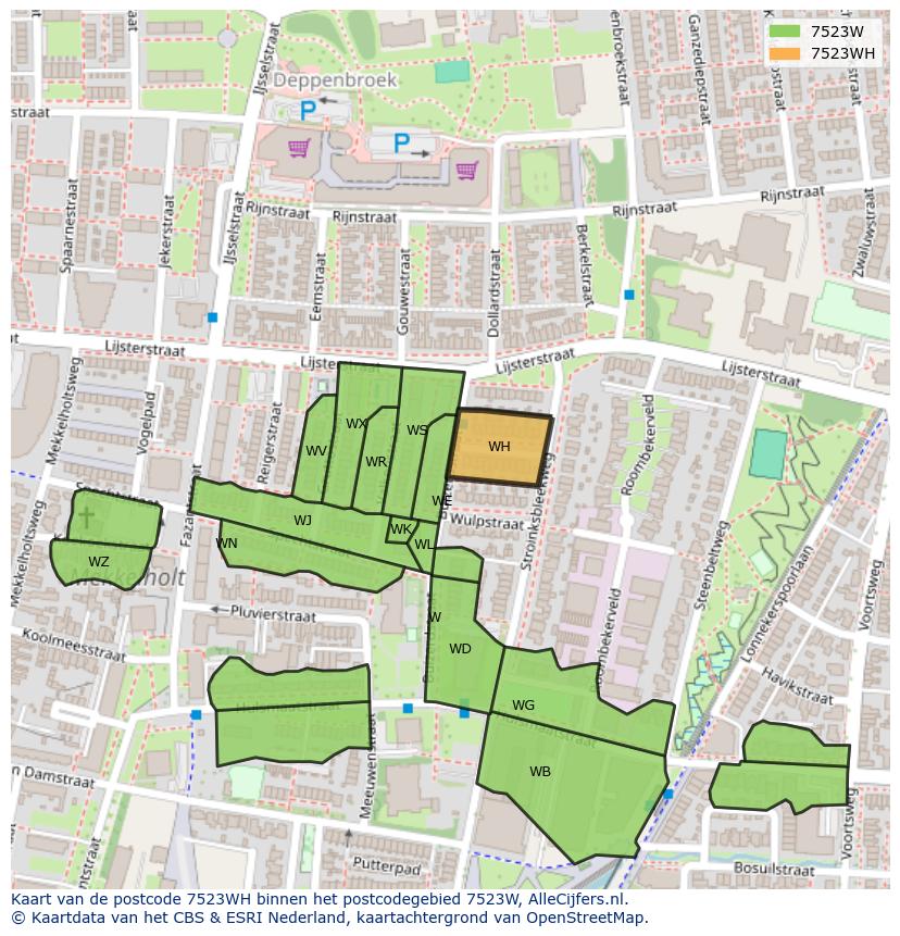Afbeelding van het postcodegebied 7523 WH op de kaart.