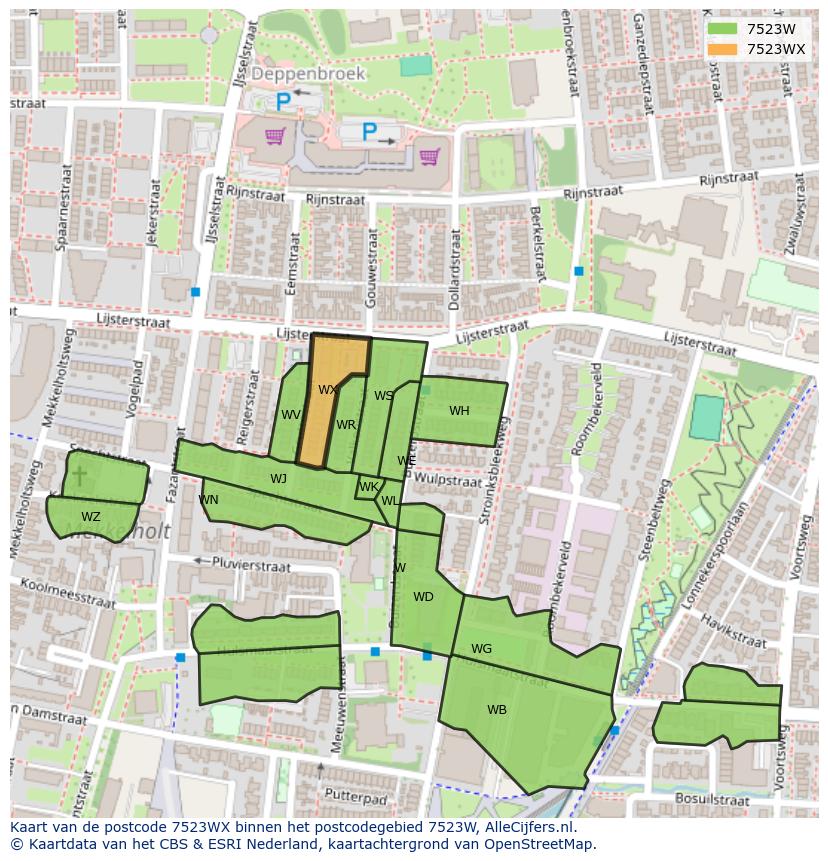 Afbeelding van het postcodegebied 7523 WX op de kaart.