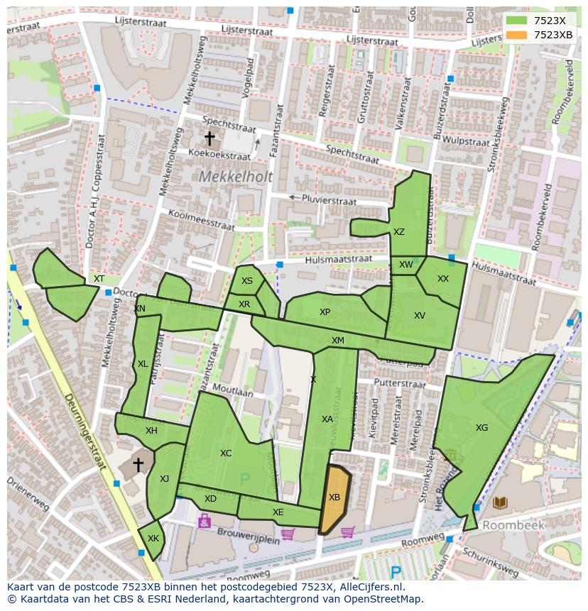 Afbeelding van het postcodegebied 7523 XB op de kaart.