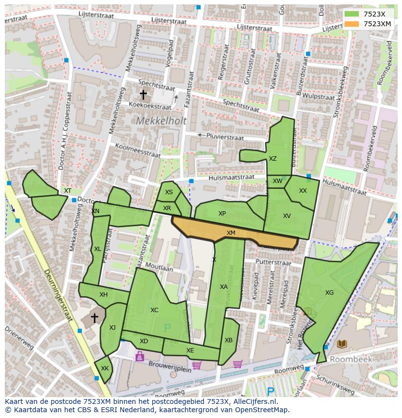 Afbeelding van het postcodegebied 7523 XM op de kaart.
