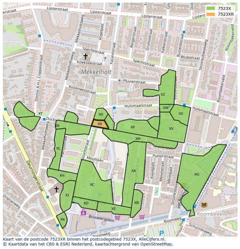 Afbeelding van het postcodegebied 7523 XR op de kaart.