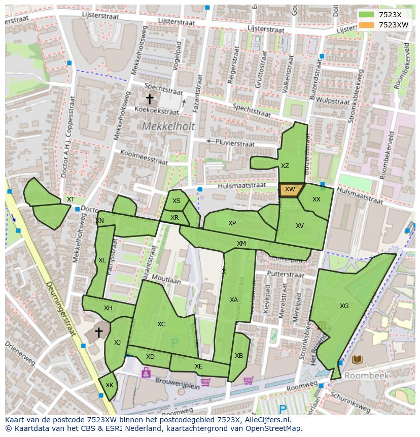 Afbeelding van het postcodegebied 7523 XW op de kaart.