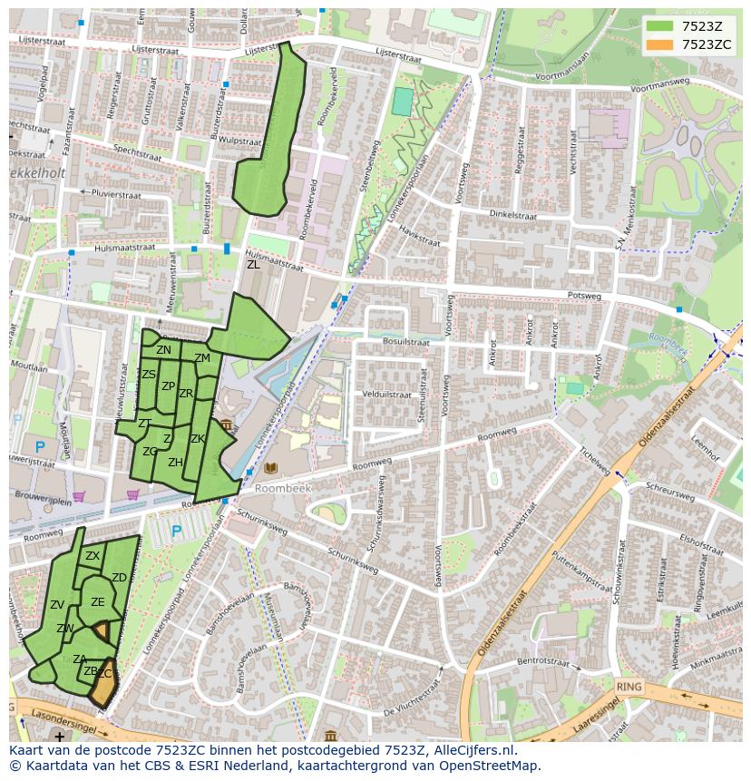 Afbeelding van het postcodegebied 7523 ZC op de kaart.