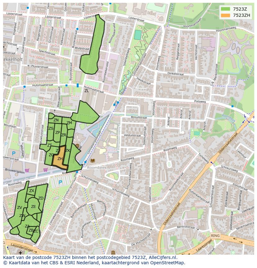 Afbeelding van het postcodegebied 7523 ZH op de kaart.