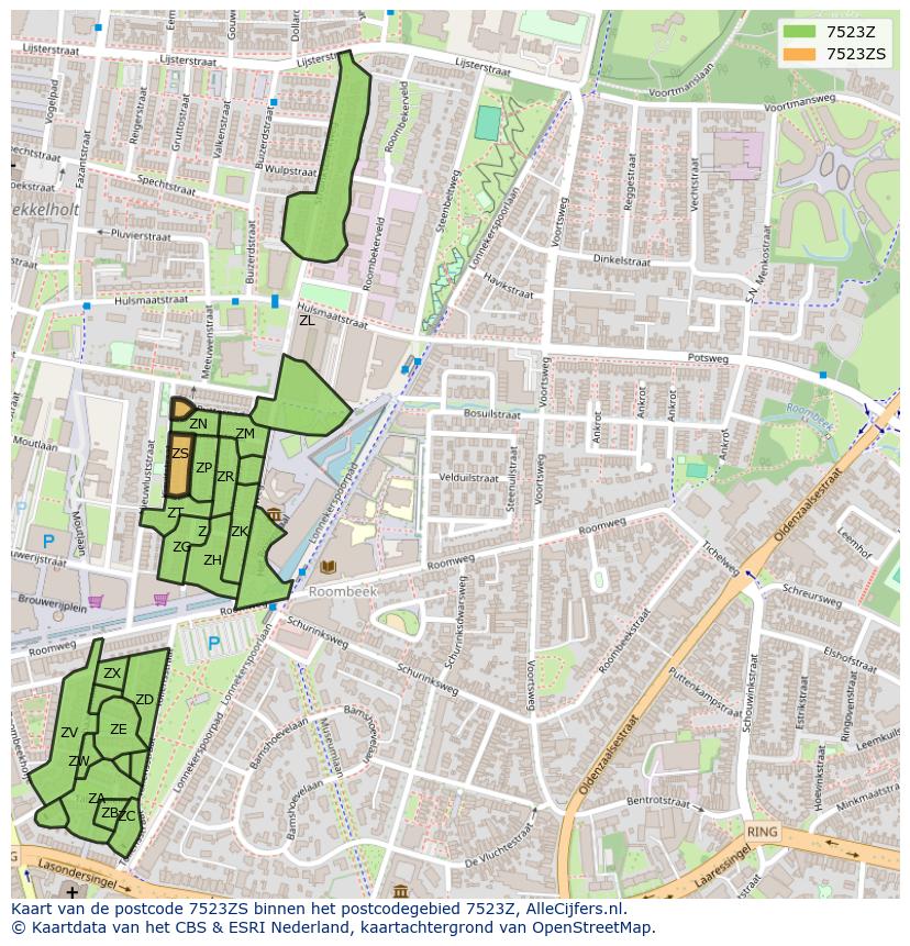 Afbeelding van het postcodegebied 7523 ZS op de kaart.