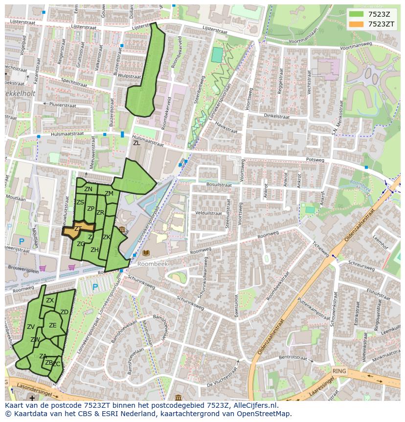 Afbeelding van het postcodegebied 7523 ZT op de kaart.