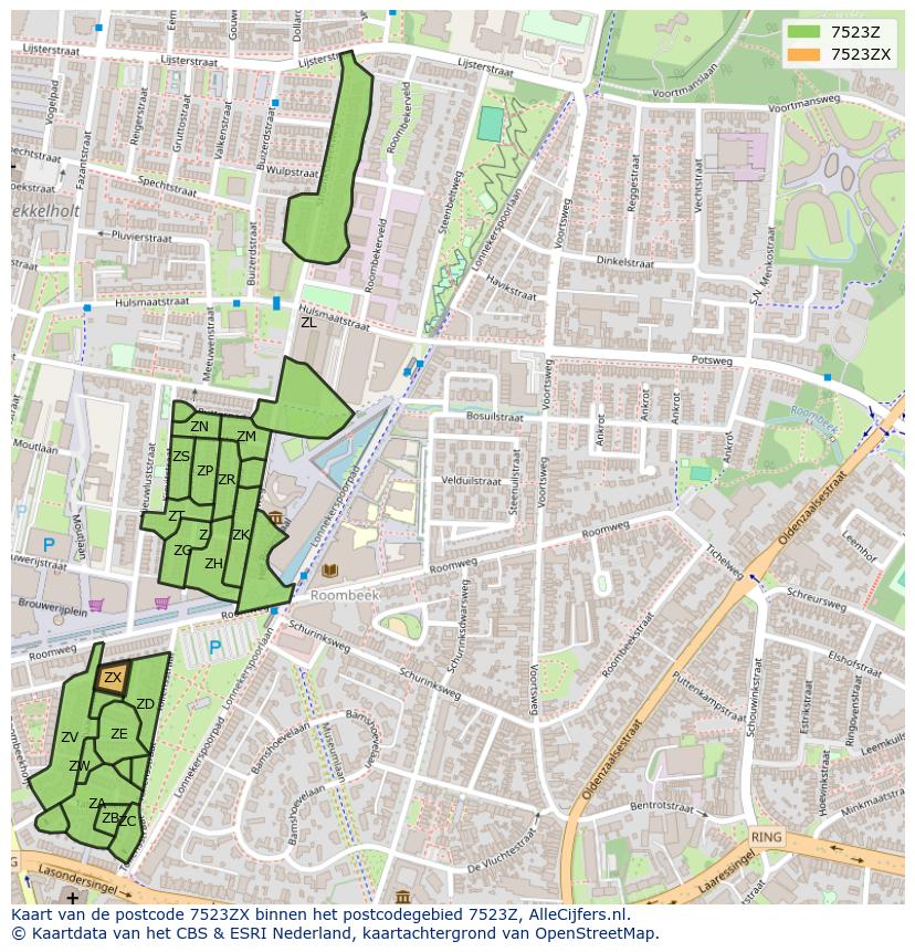 Afbeelding van het postcodegebied 7523 ZX op de kaart.