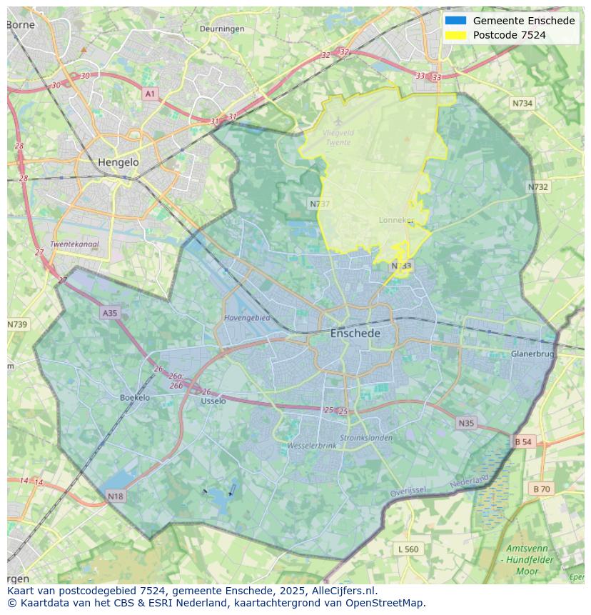 Afbeelding van het postcodegebied 7524 op de kaart.