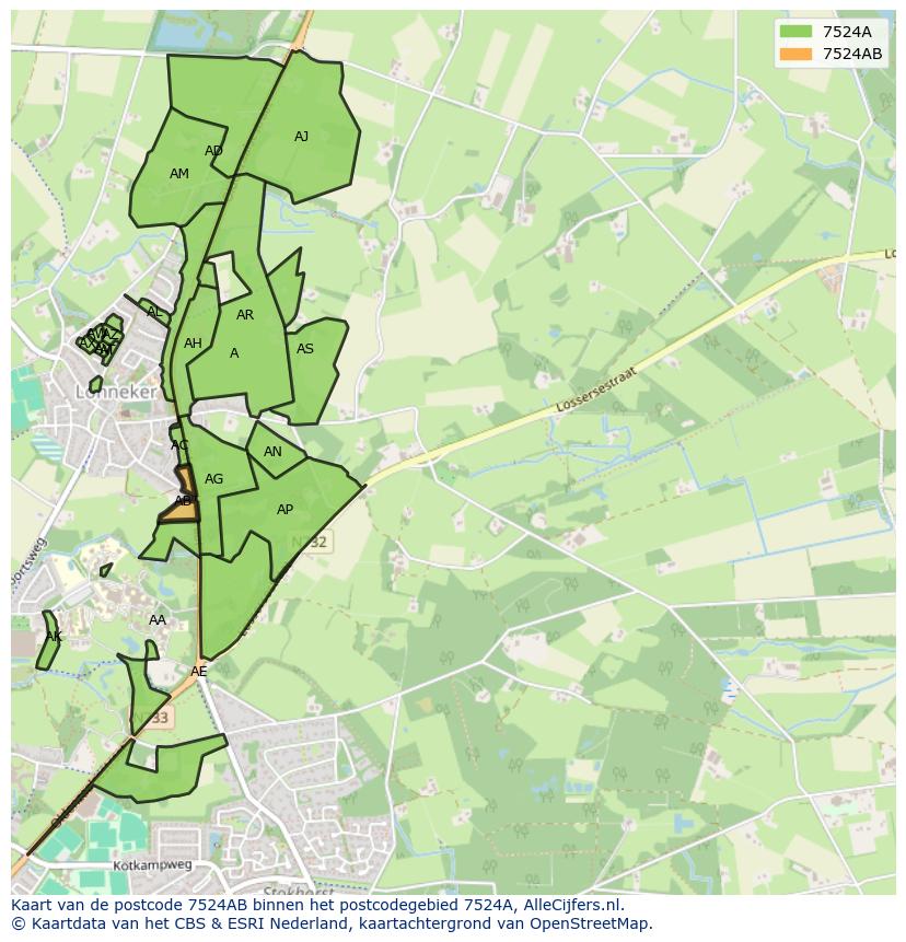 Afbeelding van het postcodegebied 7524 AB op de kaart.