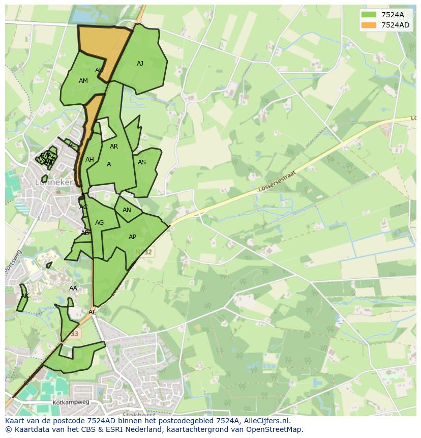 Afbeelding van het postcodegebied 7524 AD op de kaart.