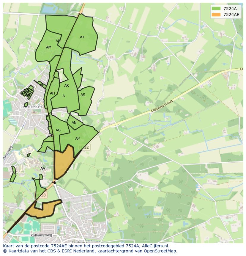 Afbeelding van het postcodegebied 7524 AE op de kaart.