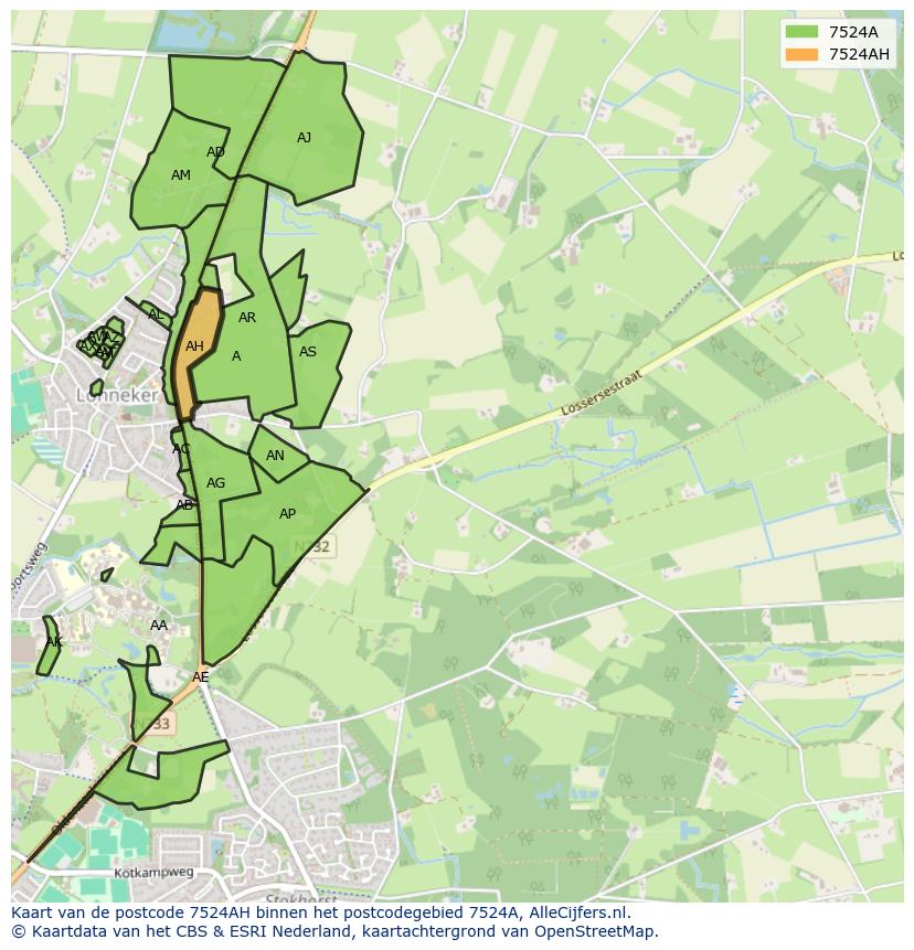 Afbeelding van het postcodegebied 7524 AH op de kaart.