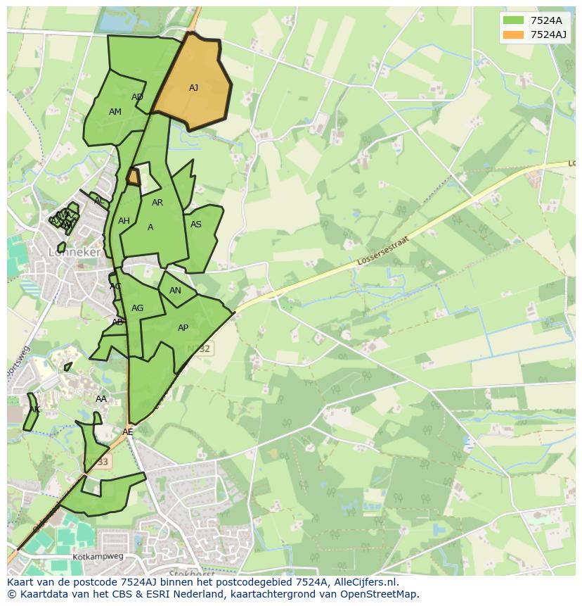 Afbeelding van het postcodegebied 7524 AJ op de kaart.
