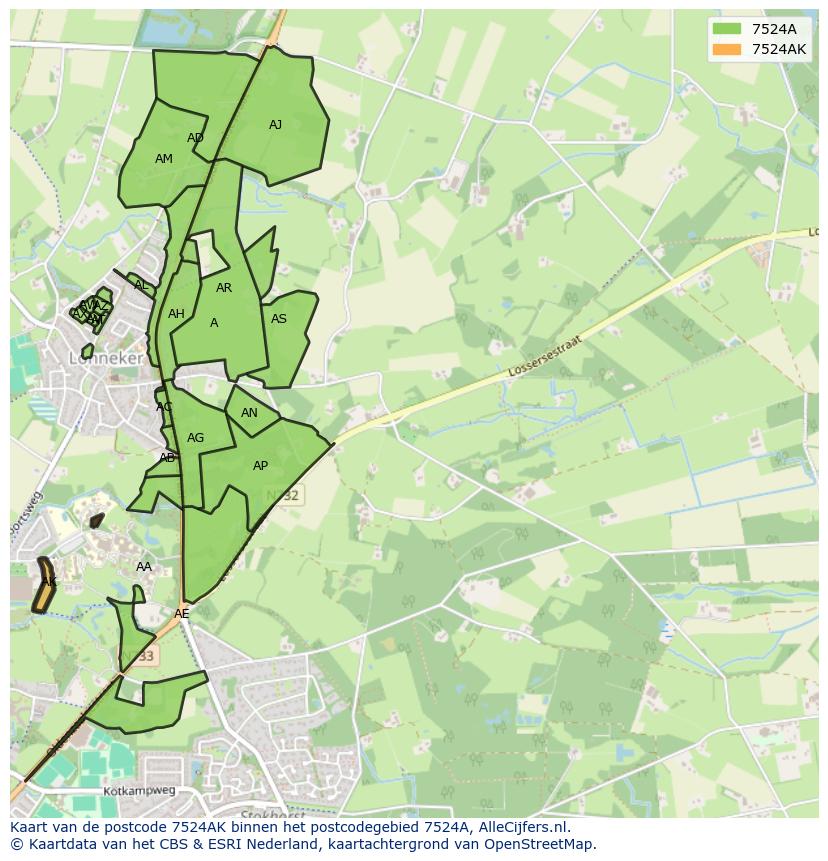 Afbeelding van het postcodegebied 7524 AK op de kaart.
