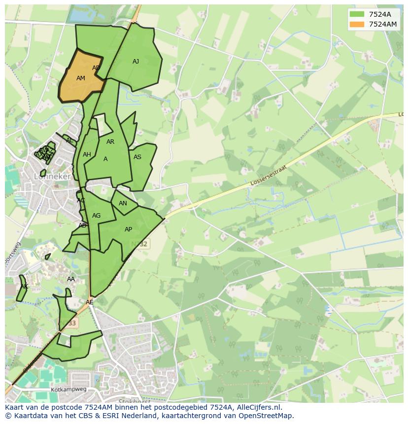 Afbeelding van het postcodegebied 7524 AM op de kaart.