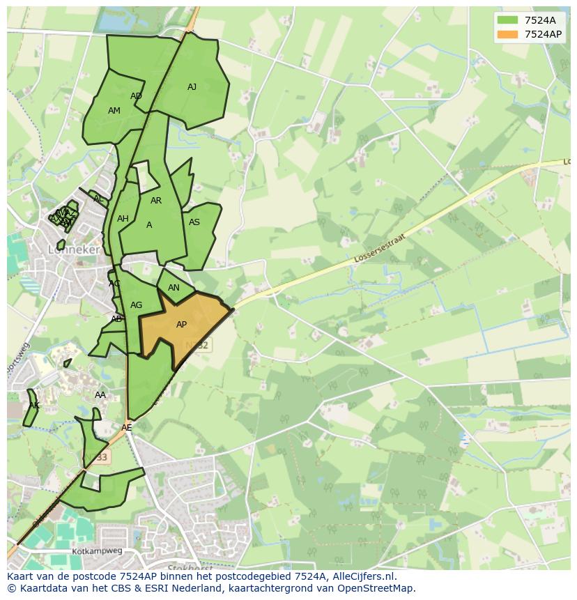 Afbeelding van het postcodegebied 7524 AP op de kaart.