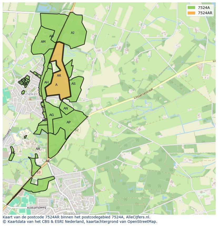 Afbeelding van het postcodegebied 7524 AR op de kaart.