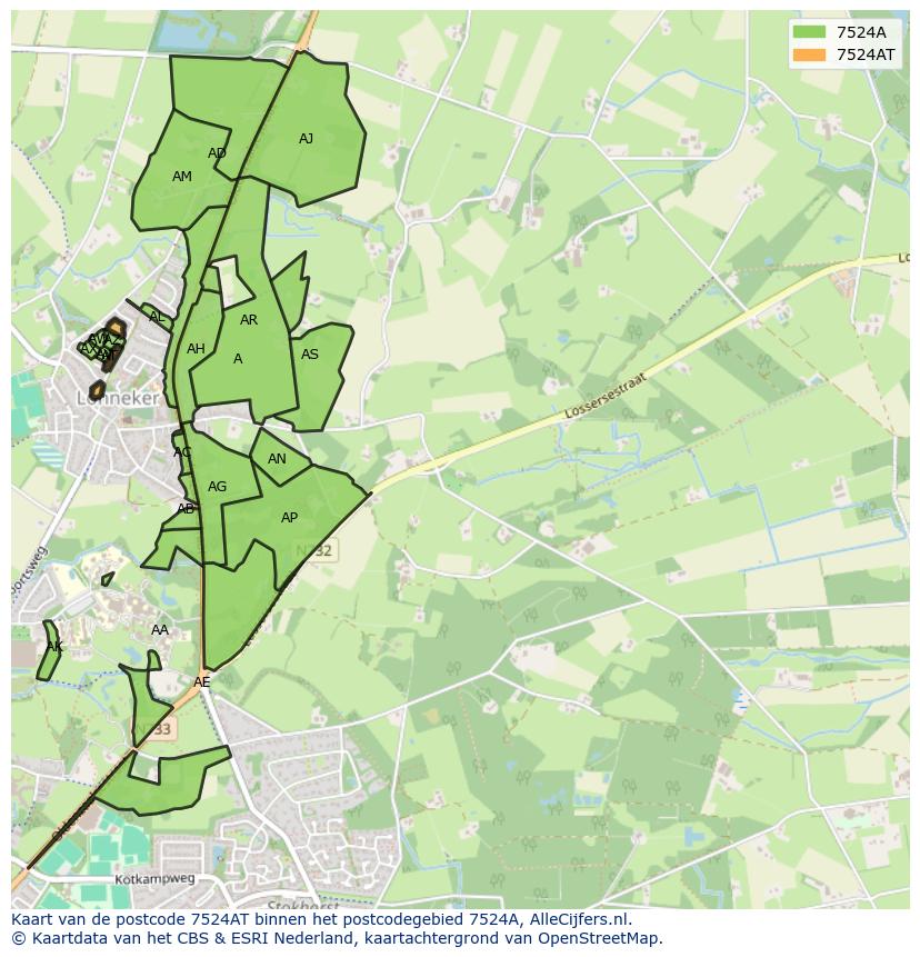 Afbeelding van het postcodegebied 7524 AT op de kaart.