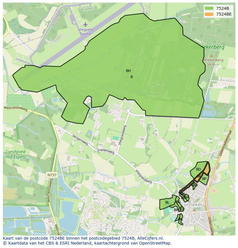 Afbeelding van het postcodegebied 7524 BE op de kaart.
