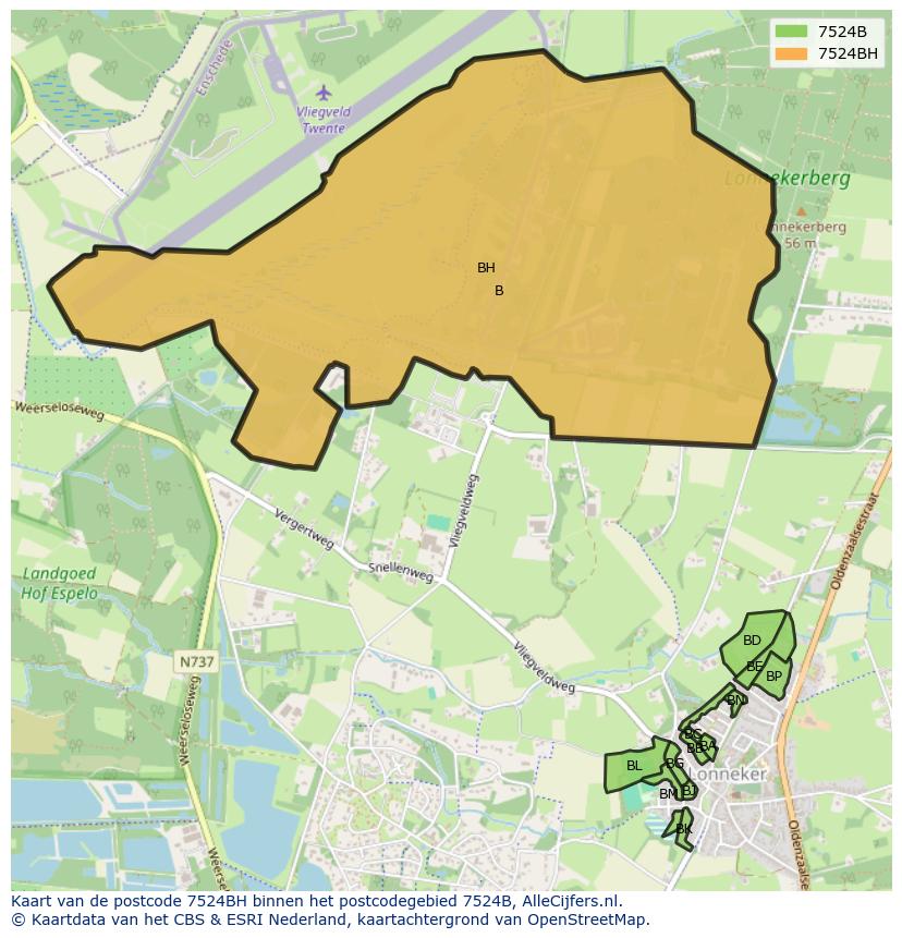 Afbeelding van het postcodegebied 7524 BH op de kaart.