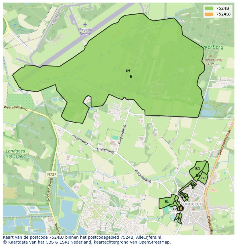 Afbeelding van het postcodegebied 7524 BJ op de kaart.