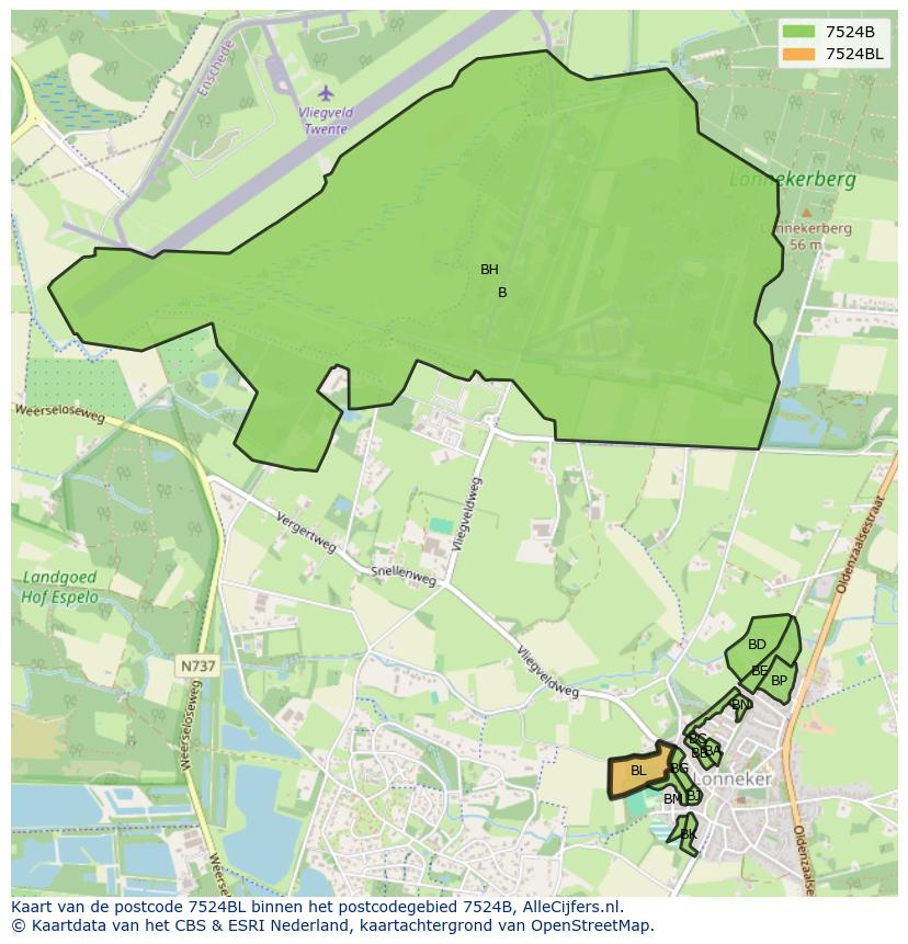 Afbeelding van het postcodegebied 7524 BL op de kaart.