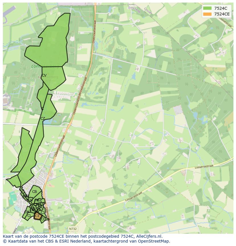 Afbeelding van het postcodegebied 7524 CE op de kaart.