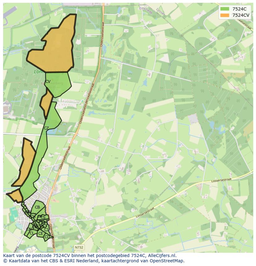 Afbeelding van het postcodegebied 7524 CV op de kaart.
