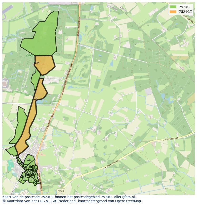 Afbeelding van het postcodegebied 7524 CZ op de kaart.