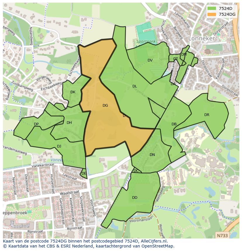 Afbeelding van het postcodegebied 7524 DG op de kaart.