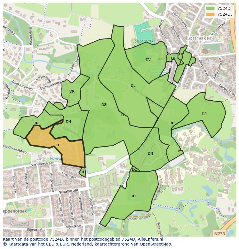 Afbeelding van het postcodegebied 7524 DJ op de kaart.