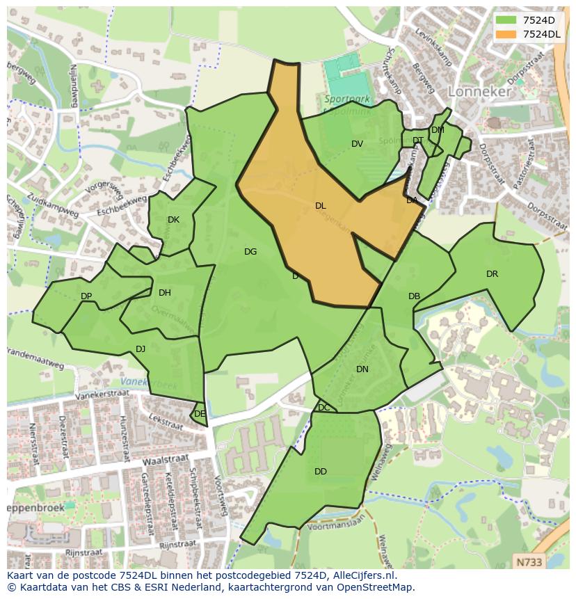 Afbeelding van het postcodegebied 7524 DL op de kaart.