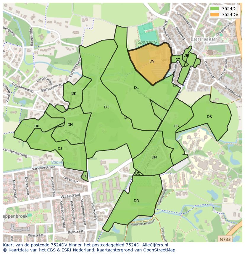 Afbeelding van het postcodegebied 7524 DV op de kaart.
