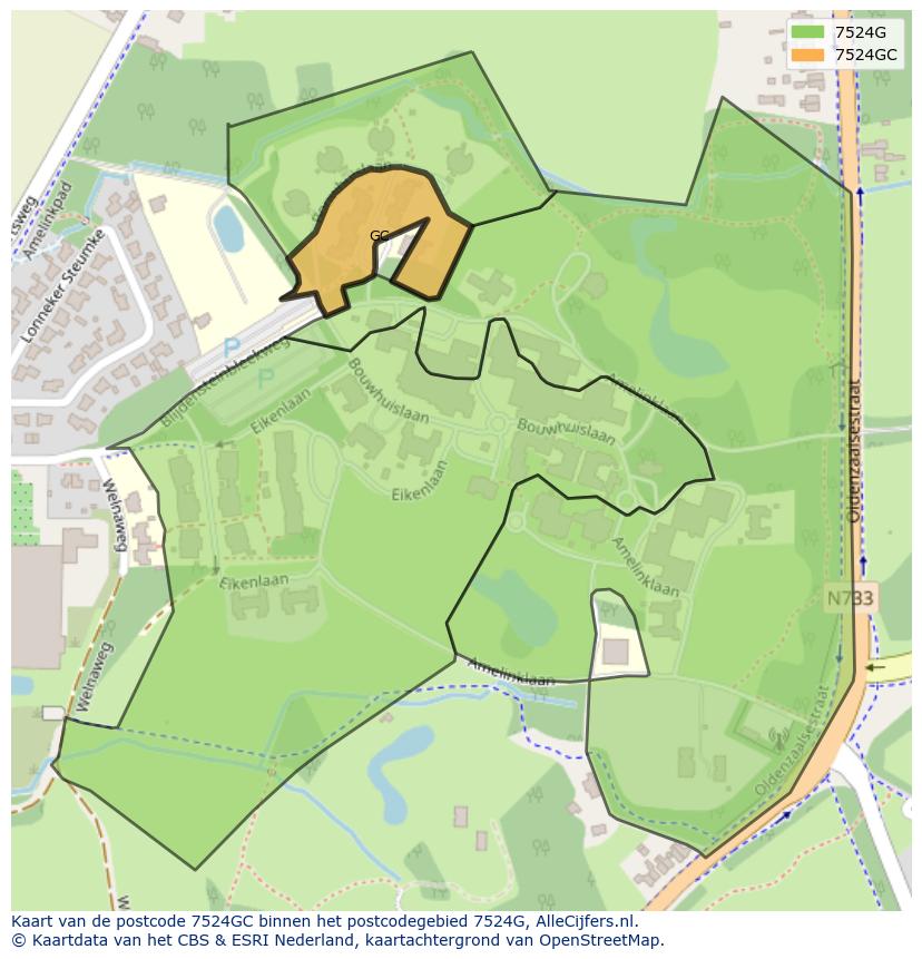 Afbeelding van het postcodegebied 7524 GC op de kaart.