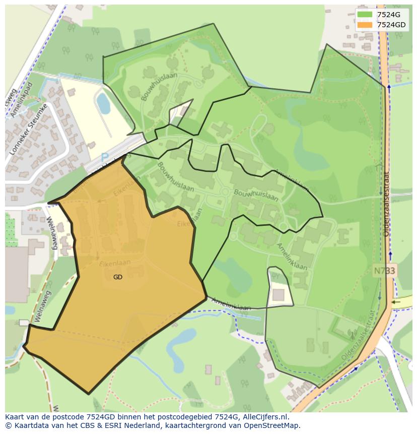 Afbeelding van het postcodegebied 7524 GD op de kaart.