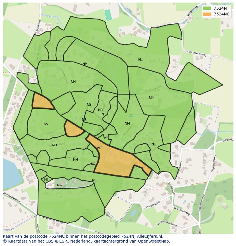Afbeelding van het postcodegebied 7524 NC op de kaart.