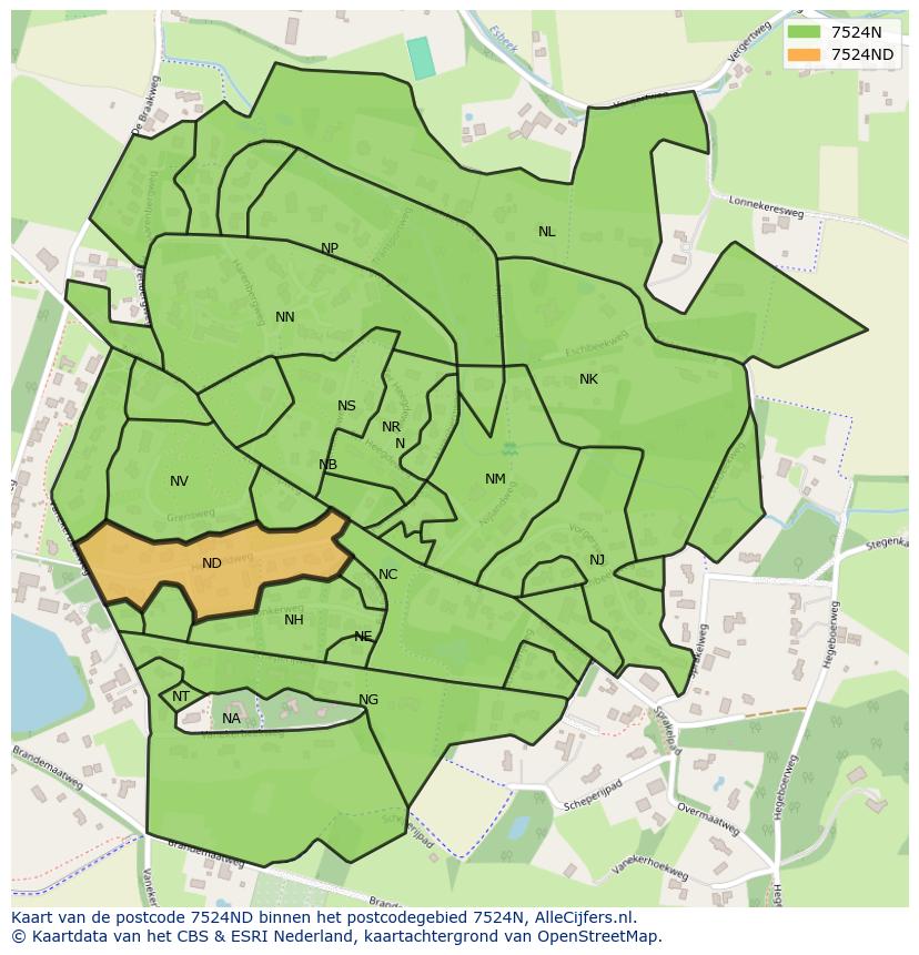 Afbeelding van het postcodegebied 7524 ND op de kaart.