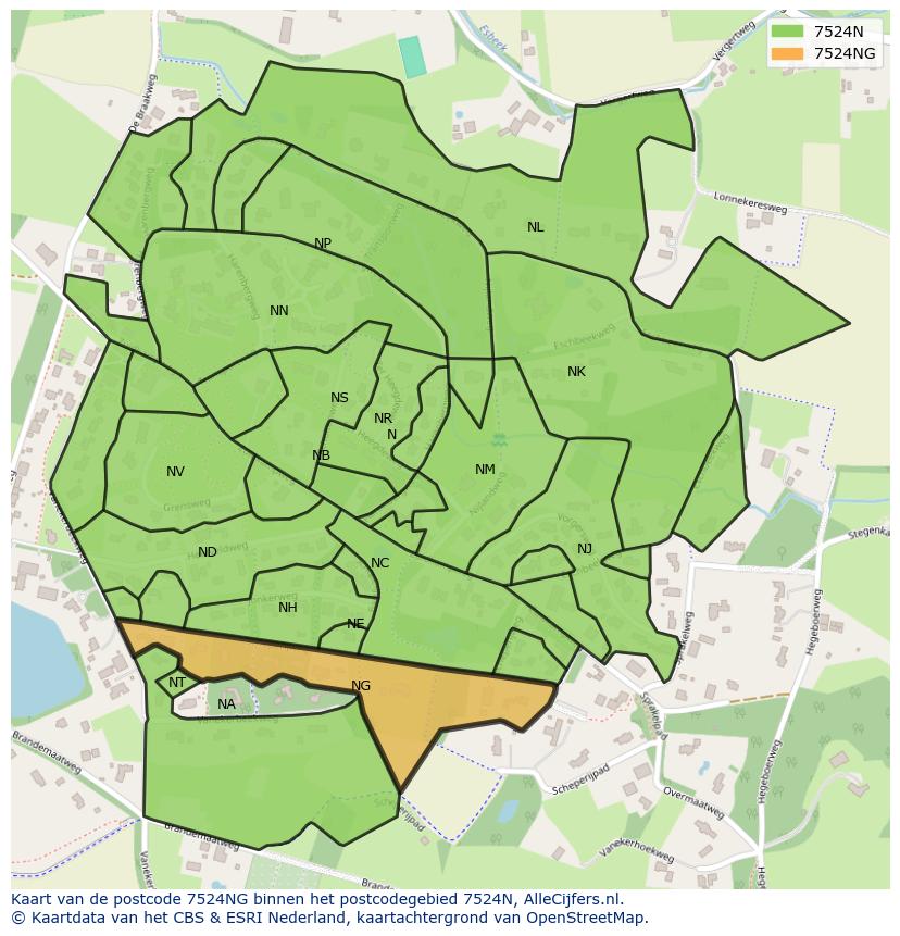 Afbeelding van het postcodegebied 7524 NG op de kaart.