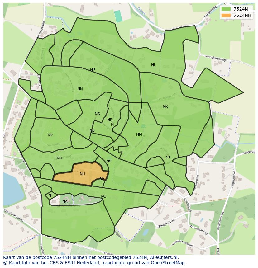 Afbeelding van het postcodegebied 7524 NH op de kaart.