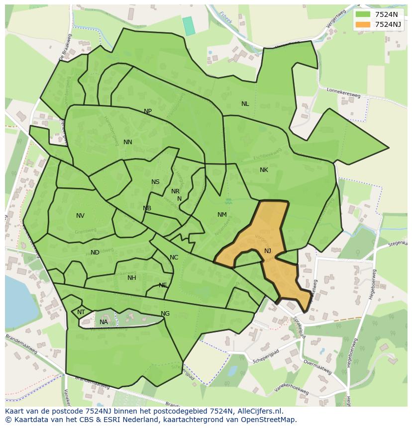 Afbeelding van het postcodegebied 7524 NJ op de kaart.