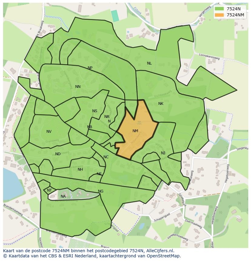 Afbeelding van het postcodegebied 7524 NM op de kaart.