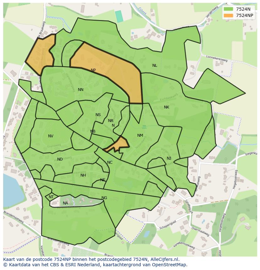 Afbeelding van het postcodegebied 7524 NP op de kaart.