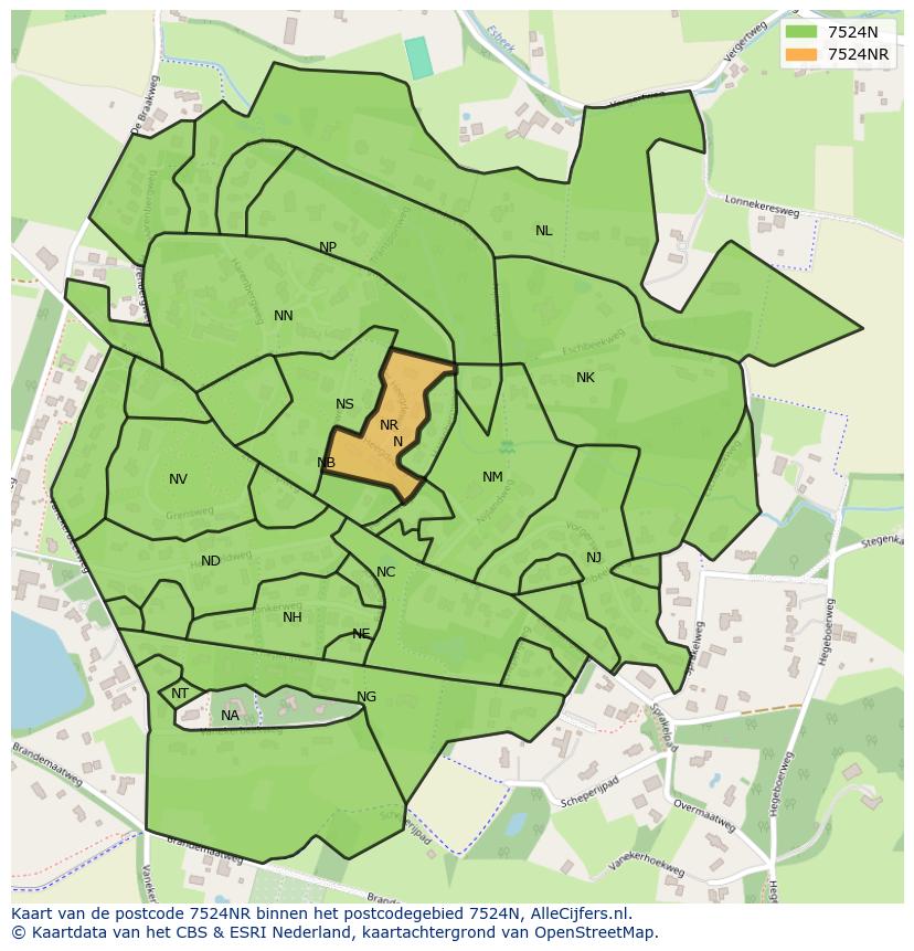 Afbeelding van het postcodegebied 7524 NR op de kaart.