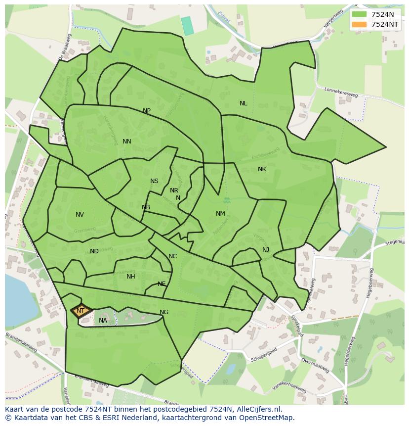 Afbeelding van het postcodegebied 7524 NT op de kaart.