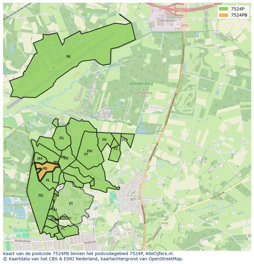 Afbeelding van het postcodegebied 7524 PB op de kaart.