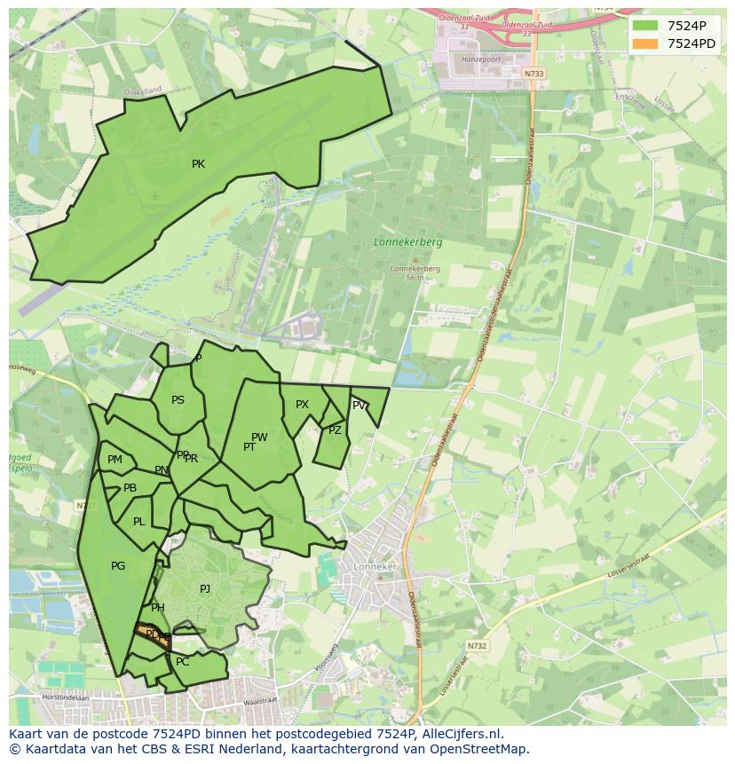 Afbeelding van het postcodegebied 7524 PD op de kaart.