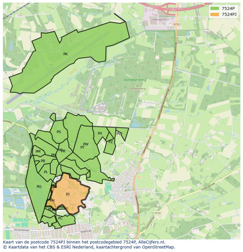 Afbeelding van het postcodegebied 7524 PJ op de kaart.