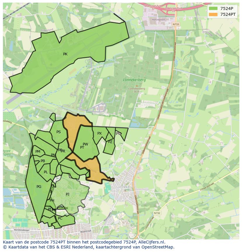 Afbeelding van het postcodegebied 7524 PT op de kaart.