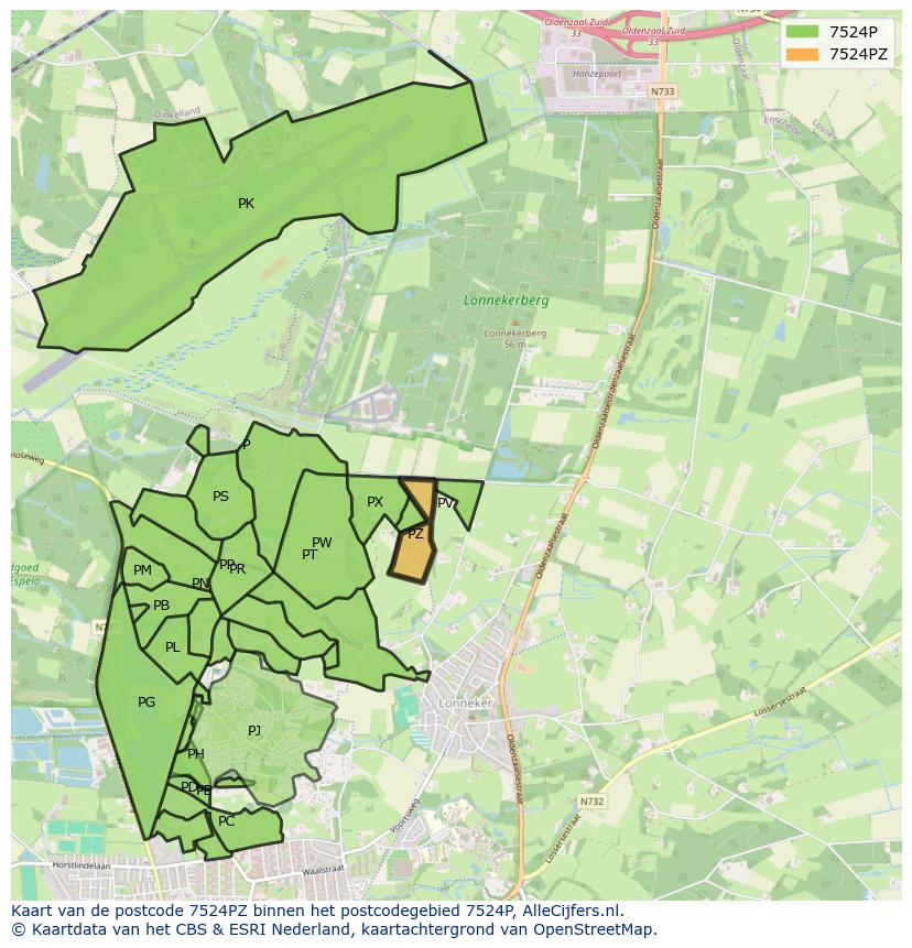 Afbeelding van het postcodegebied 7524 PZ op de kaart.